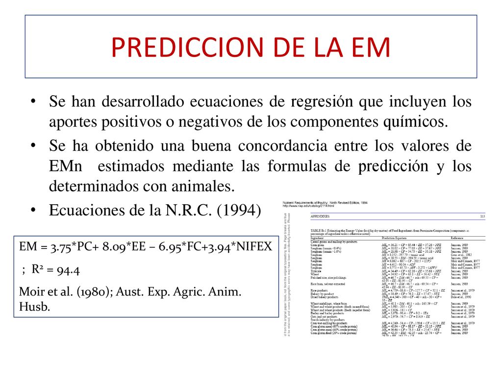 PREDICCION DE LA EM Se han desarrollado ecuaciones de regresión que incluyen los aportes positivos o negativos de los componentes químicos.