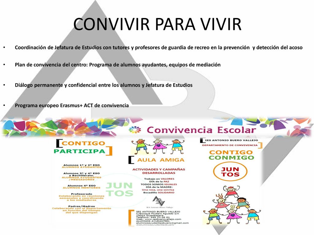 CONVIVIR PARA VIVIR Coordinación de Jefatura de Estudios con tutores y profesores de guardia de recreo en la prevención y detección del acoso.