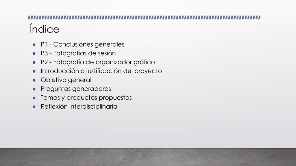 Índice P1 - Conclusiones generales P3 - Fotografías de sesión