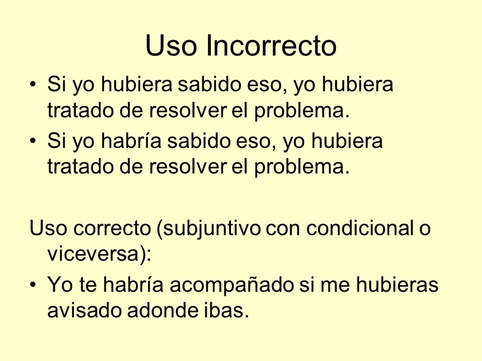 Uso Incorrecto Si yo hubiera sabido eso, yo hubiera tratado de resolver el problema.