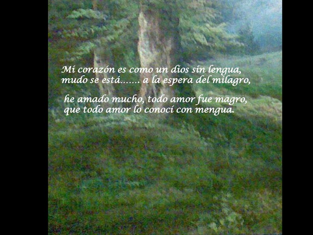 Mi corazón es como un dios sin lengua, mudo se está……