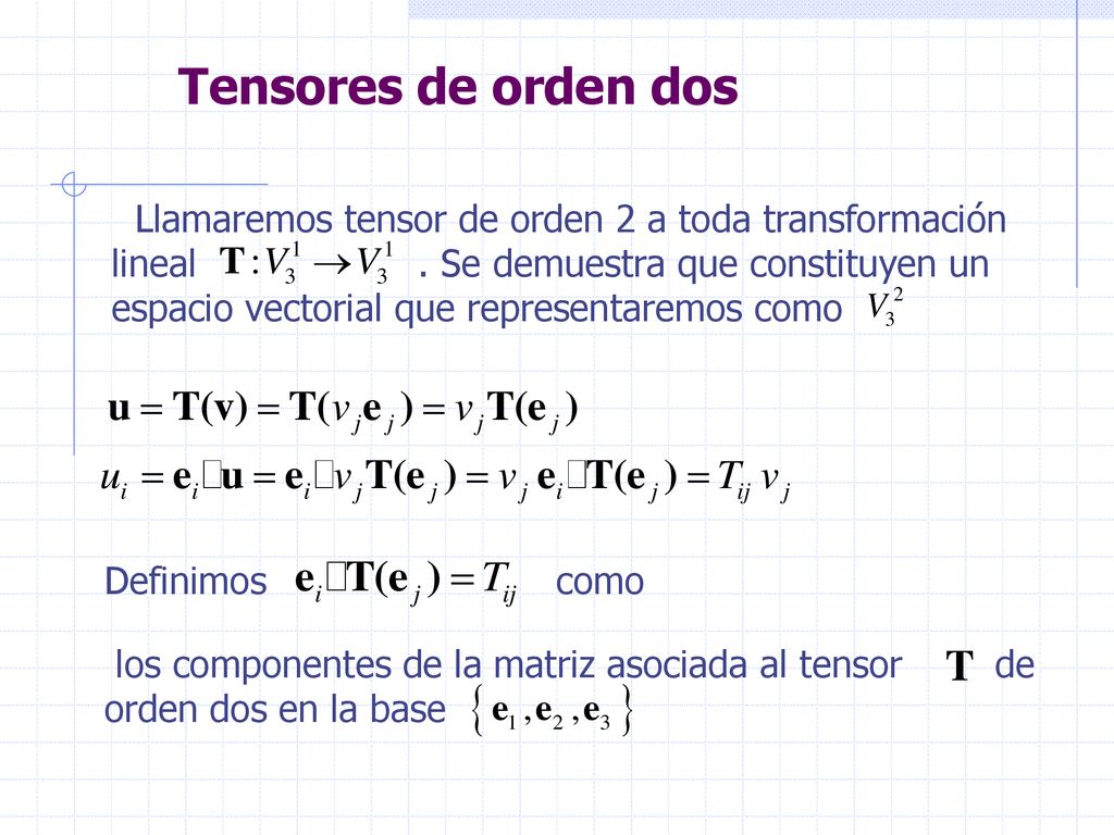 Tensores de orden dos Llamaremos tensor de orden 2 a toda transformación. lineal . Se demuestra que constituyen un.