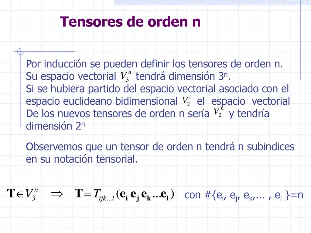 Tensores de orden n Por inducción se pueden definir los tensores de orden n. Su espacio vectorial tendrá dimensión 3n.