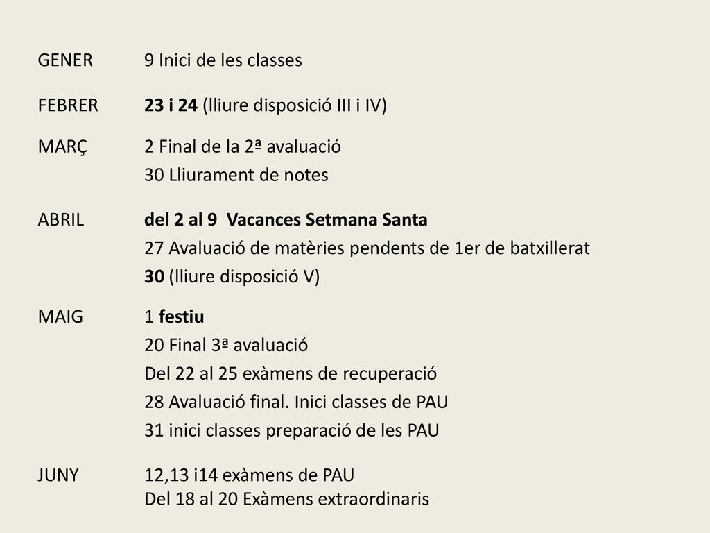 GENER 9 Inici de les classes FEBRER 23 i 24 (lliure disposició III i IV) MARÇ 2 Final de la 2ª avaluació 30 Lliurament de notes ABRIL del 2 al 9 Vacances Setmana Santa 27 Avaluació de matèries pendents de 1er de batxillerat 30 (lliure disposició V) MAIG 1 festiu 20 Final 3ª avaluació Del 22 al 25 exàmens de recuperació 28 Avaluació final.