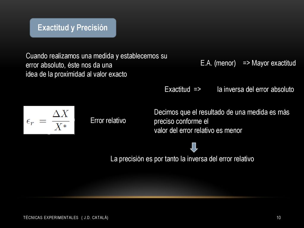 Exactitud y Precisión Cuando realizamos una medida y establecemos su error absoluto, éste nos da una.