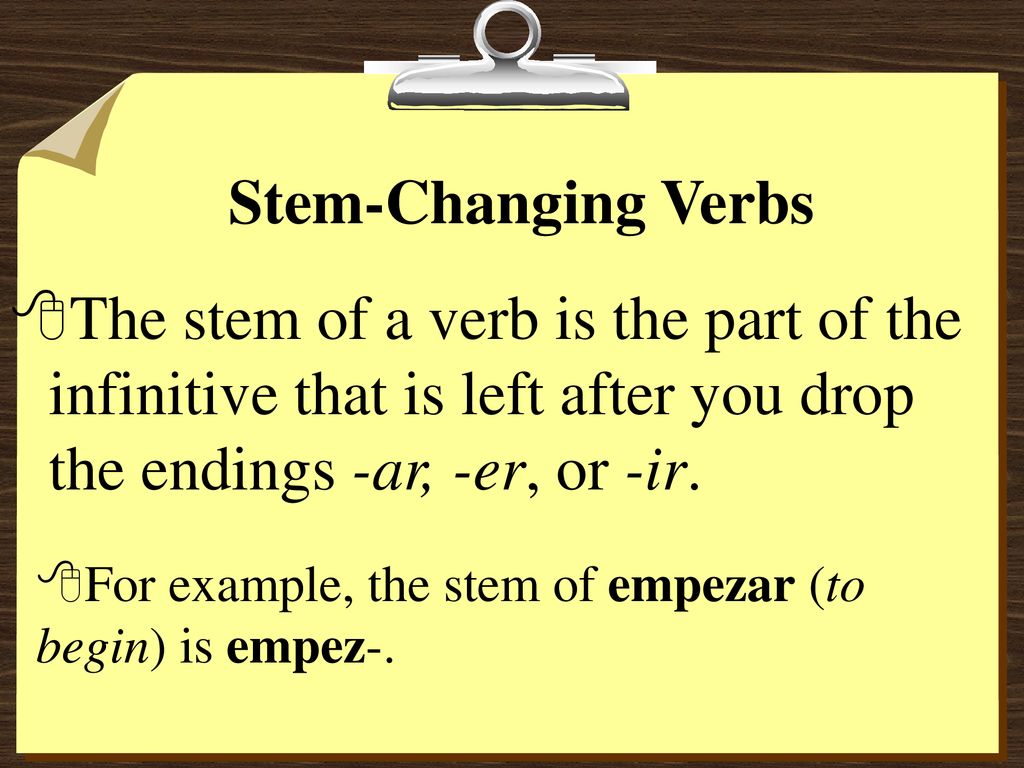Stem-Changing Verbs The stem of a verb is the part of the infinitive that is left after you drop the endings -ar, -er, or -ir.
