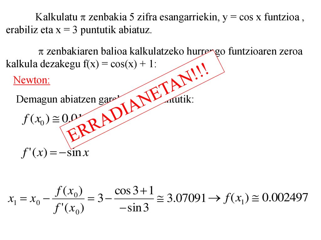 Kalkulatu p zenbakia 5 zifra esangarriekin, y = cos x funtzioa ,