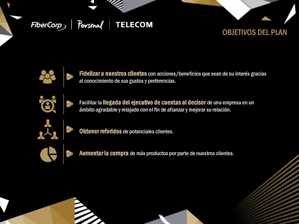 OBJETIVOS DEL PLAN Fidelizar a nuestros clientes con acciones/beneficios que sean de su interés gracias al conocimiento de sus gustos y preferencias.