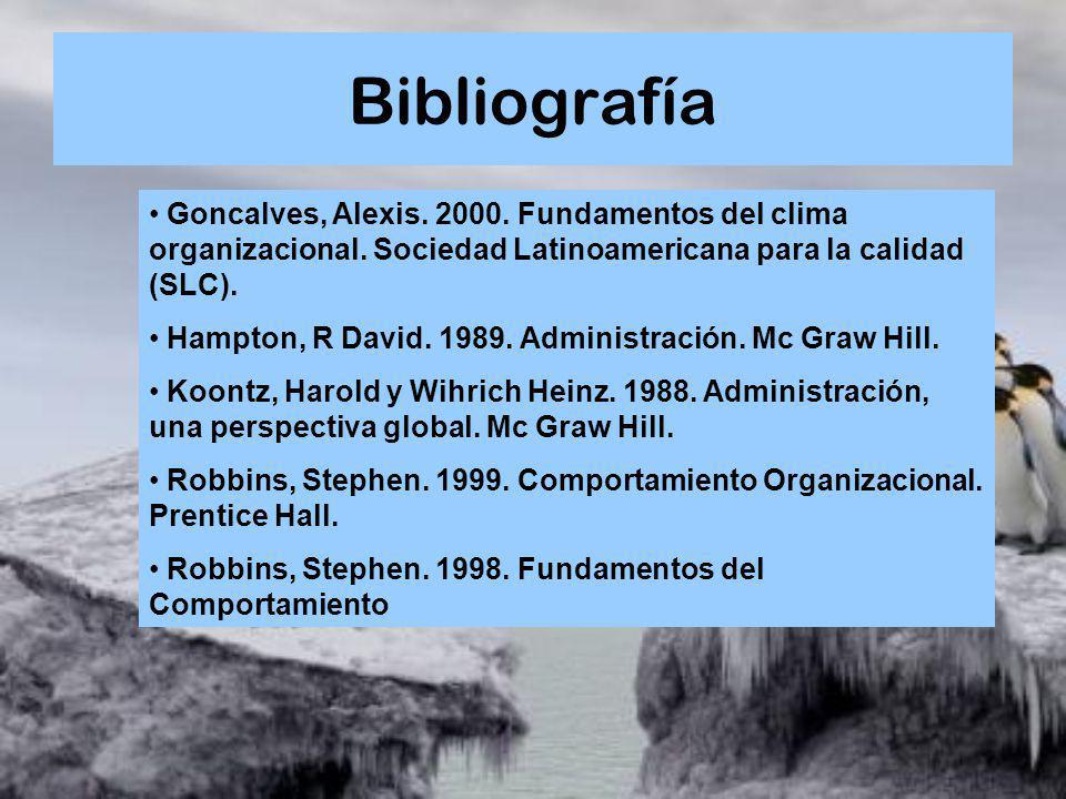 Bibliografía Goncalves, Alexis Fundamentos del clima organizacional. Sociedad Latinoamericana para la calidad (SLC).