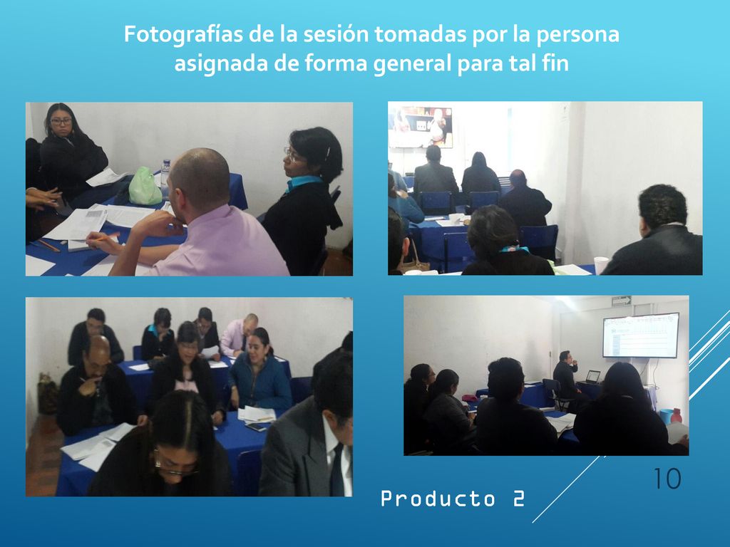 Fotografías de la sesión tomadas por la persona asignada de forma general para tal fin