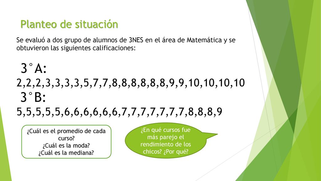 Planteo de situación Se evaluó a dos grupo de alumnos de 3NES en el área de Matemática y se obtuvieron las siguientes calificaciones: