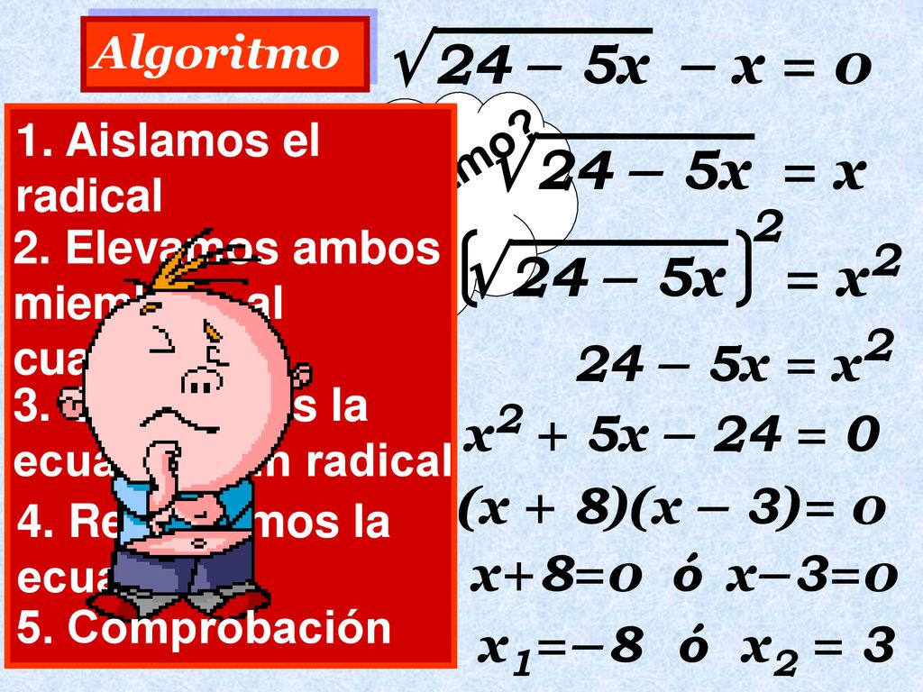  24 – 5x – x = 0  24 – 5x = x  24 – 5x = x2 24 – 5x = x2