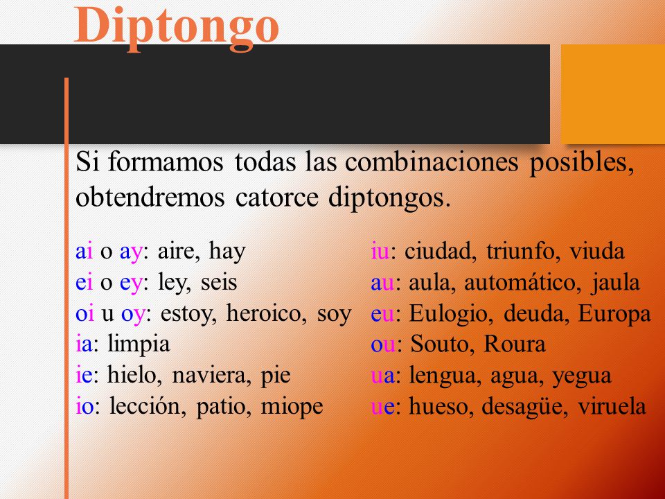 Diptongo Si formamos todas las combinaciones posibles, obtendremos catorce diptongos. ai o ay: aire, hay.