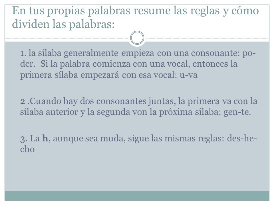 En tus propias palabras resume las reglas y cómo dividen las palabras: