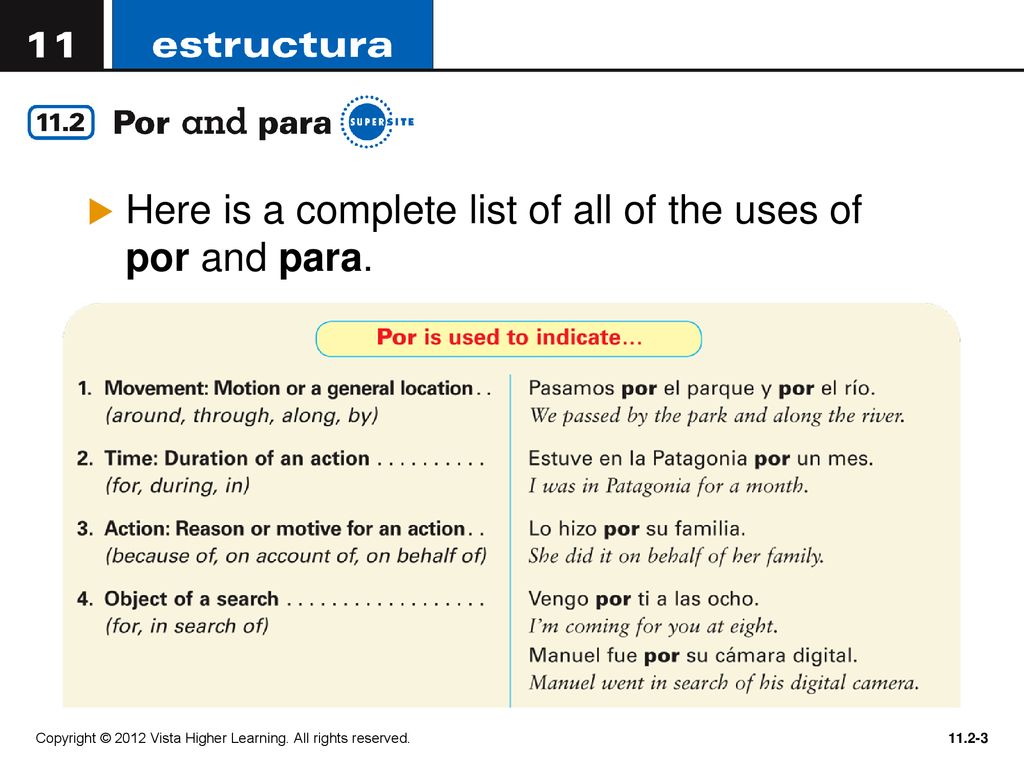 Here is a complete list of all of the uses of por and para.