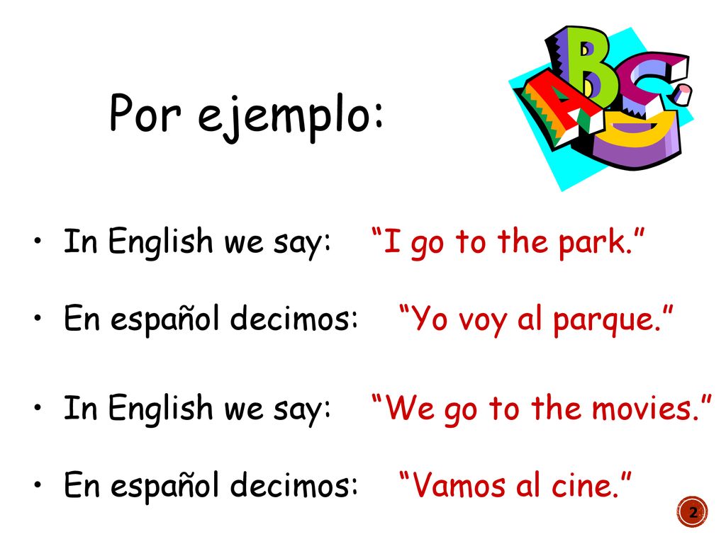 Por ejemplo: In English we say: I go to the park.