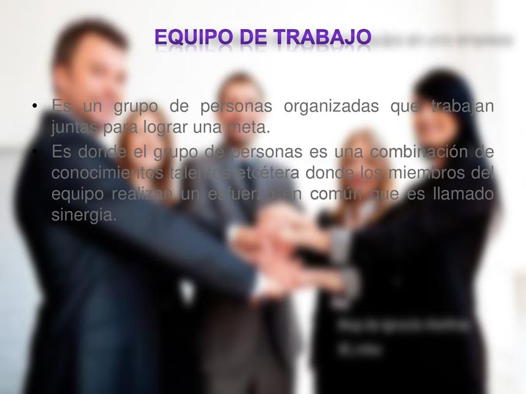 EQUIPO DE TRABAJO Es un grupo de personas organizadas que trabajan juntas para lograr una meta.