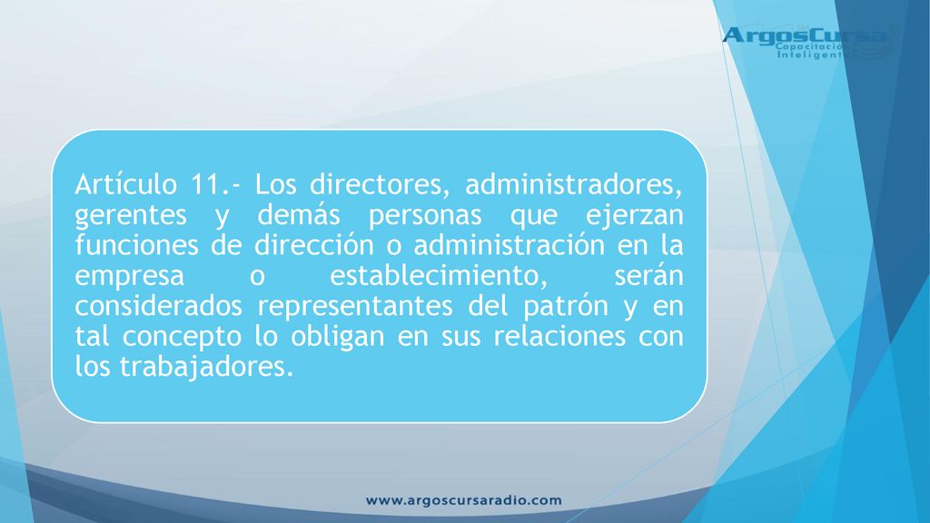 Artículo 11.- Los directores, administradores, gerentes y demás personas que ejerzan funciones de dirección o administración en la empresa o establecimiento, serán considerados representantes del patrón y en tal concepto lo obligan en sus relaciones con los trabajadores.