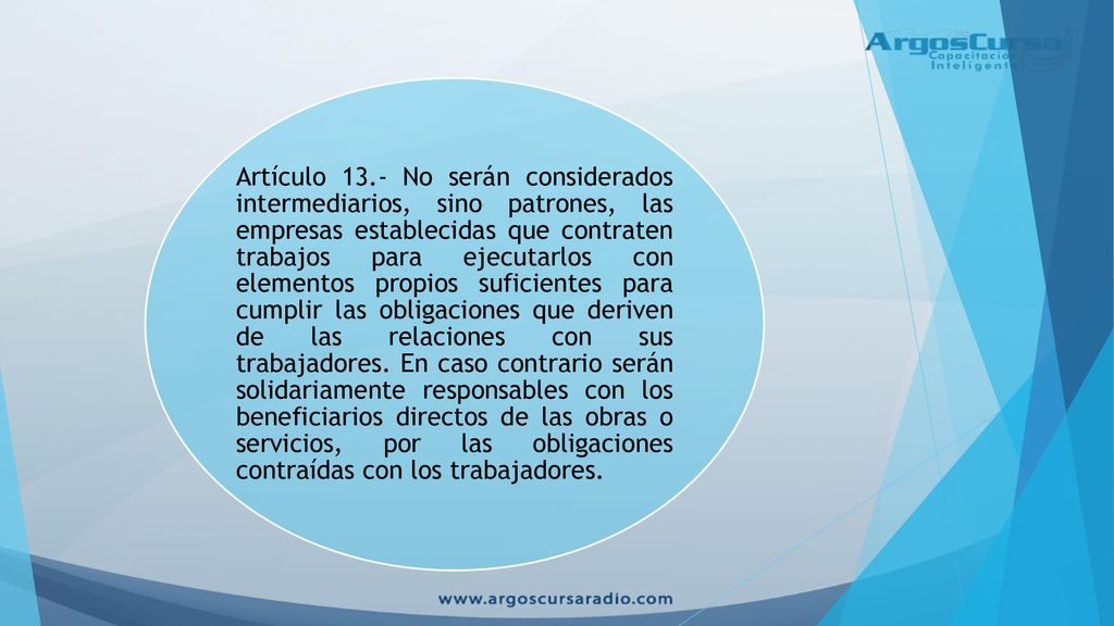 Artículo 13.- No serán considerados intermediarios, sino patrones, las empresas establecidas que contraten trabajos para ejecutarlos con elementos propios suficientes para cumplir las obligaciones que deriven de las relaciones con sus trabajadores.