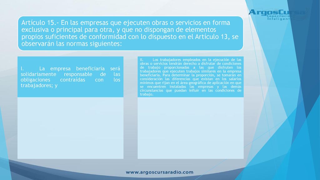 Artículo 15.- En las empresas que ejecuten obras o servicios en forma exclusiva o principal para otra, y que no dispongan de elementos propios suficientes de conformidad con lo dispuesto en el Artículo 13, se observarán las normas siguientes: