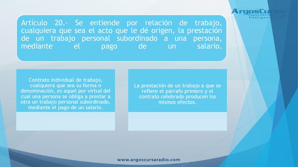 Artículo 20.- Se entiende por relación de trabajo, cualquiera que sea el acto que le dé origen, la prestación de un trabajo personal subordinado a una persona, mediante el pago de un salario.