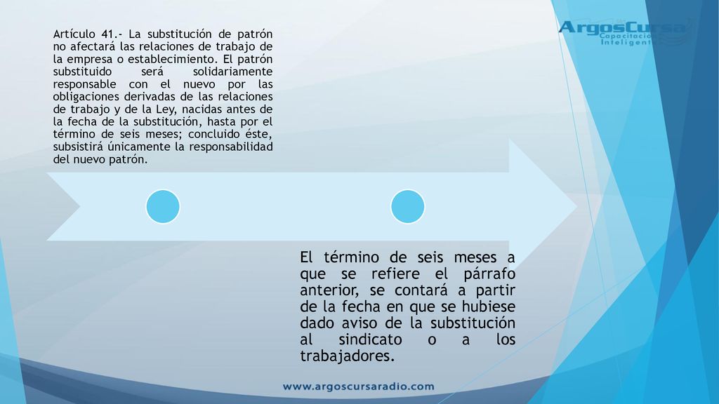 Artículo 41.- La substitución de patrón no afectará las relaciones de trabajo de la empresa o establecimiento. El patrón substituido será solidariamente responsable con el nuevo por las obligaciones derivadas de las relaciones de trabajo y de la Ley, nacidas antes de la fecha de la substitución, hasta por el término de seis meses; concluido éste, subsistirá únicamente la responsabilidad del nuevo patrón.