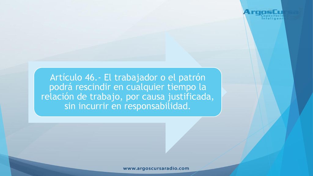 Artículo 46.- El trabajador o el patrón podrá rescindir en cualquier tiempo la relación de trabajo, por causa justificada, sin incurrir en responsabilidad.