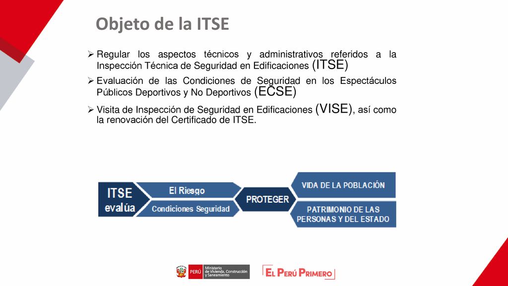Objeto de la ITSE Regular los aspectos técnicos y administrativos referidos a la Inspección Técnica de Seguridad en Edificaciones (ITSE)