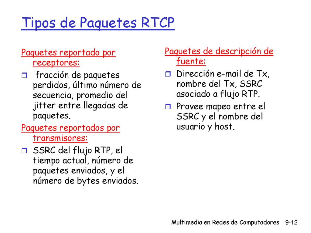 Tipos de Paquetes RTCP Paquetes de descripción de fuente: