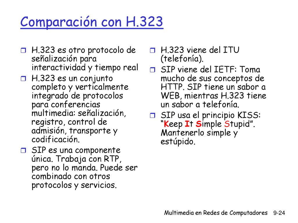 Comparación con H.323 H.323 es otro protocolo de señalización para interactividad y tiempo real.