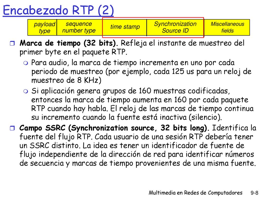 Encabezado RTP (2) payload type. sequence number type. time stamp. Synchronization. Source ID. Miscellaneous fields.