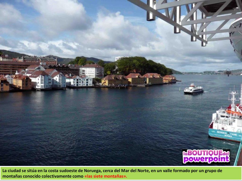 La ciudad se sitúa en la costa sudoeste de Noruega, cerca del Mar del Norte, en un valle formado por un grupo de montañas conocido colectivamente como «las siete montañas».