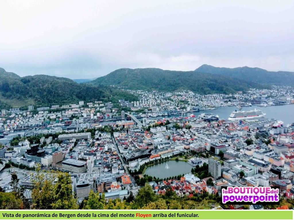 Vista de panorámica de Bergen desde la cima del monte Floyen arriba del funicular.