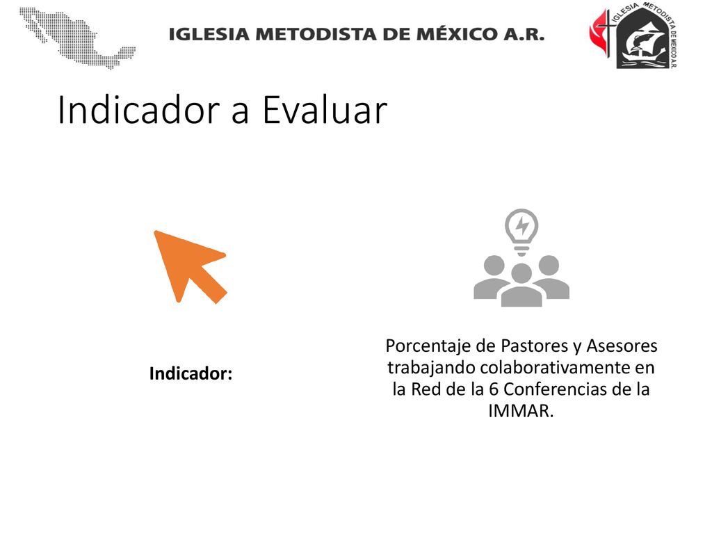 Indicador a Evaluar Indicador: Porcentaje de Pastores y Asesores trabajando colaborativamente en la Red de la 6 Conferencias de la IMMAR.