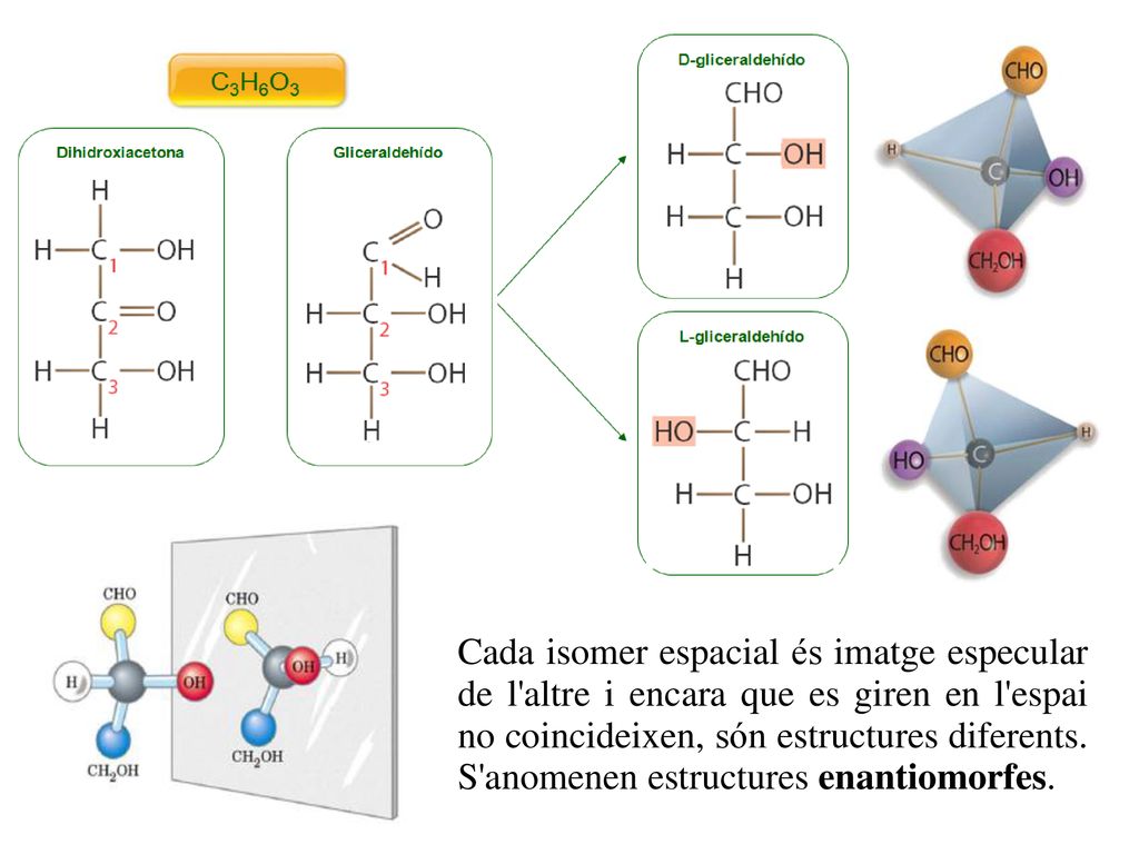 Cada isomer espacial és imatge especular de l altre i encara que es giren en l espai no coincideixen, són estructures diferents.