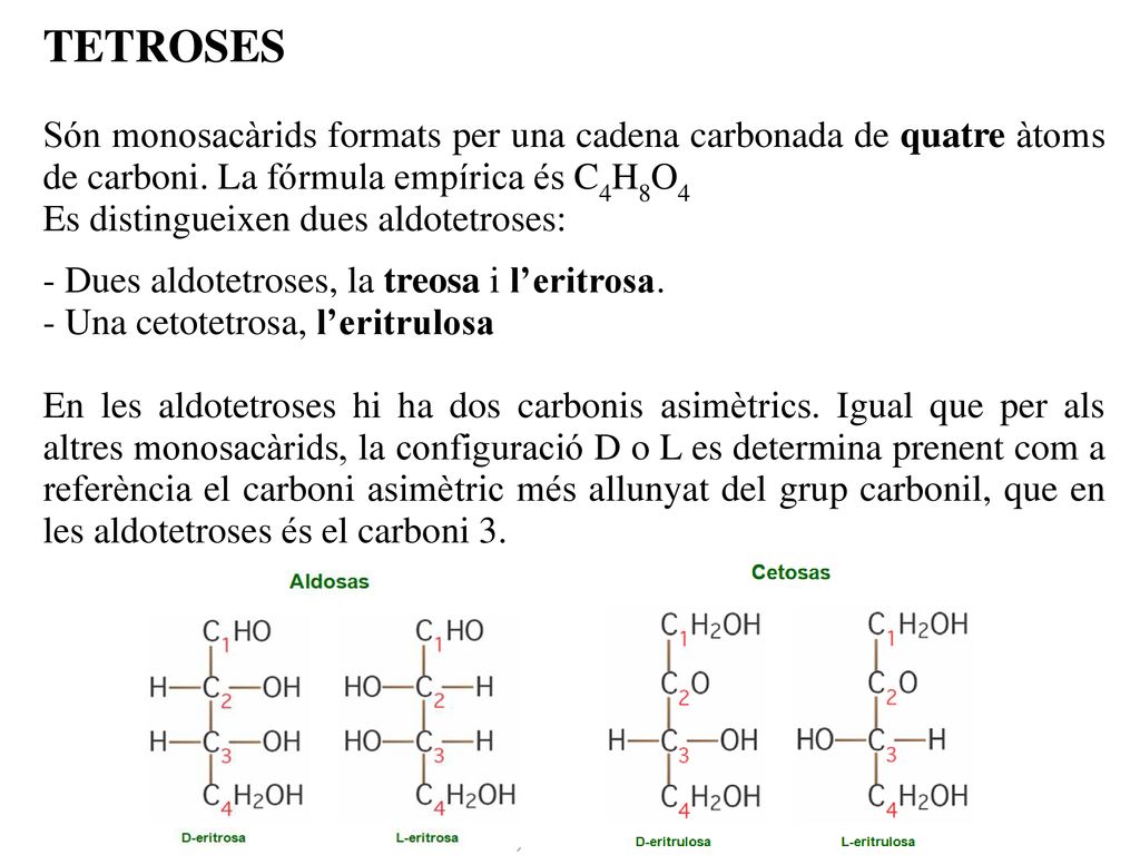 TETROSES Són monosacàrids formats per una cadena carbonada de quatre àtoms de carboni. La fórmula empírica és C4H8O4.
