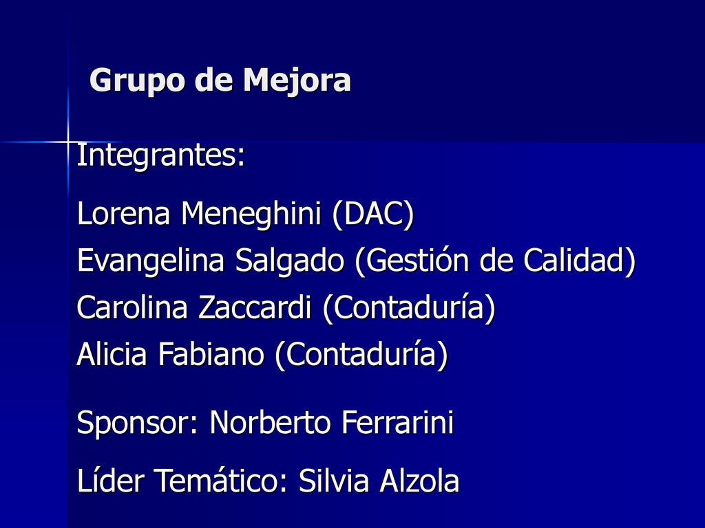 Grupo de Mejora Integrantes: Lorena Meneghini (DAC) Evangelina Salgado (Gestión de Calidad) Carolina Zaccardi (Contaduría)