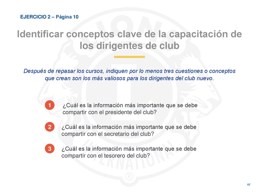 EJERCICIO 2 – Página 10 Identificar conceptos clave de la capacitación de los dirigentes de club.