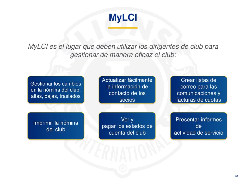 MyLCI MyLCI es el lugar que deben utilizar los dirigentes de club para gestionar de manera eficaz el club: