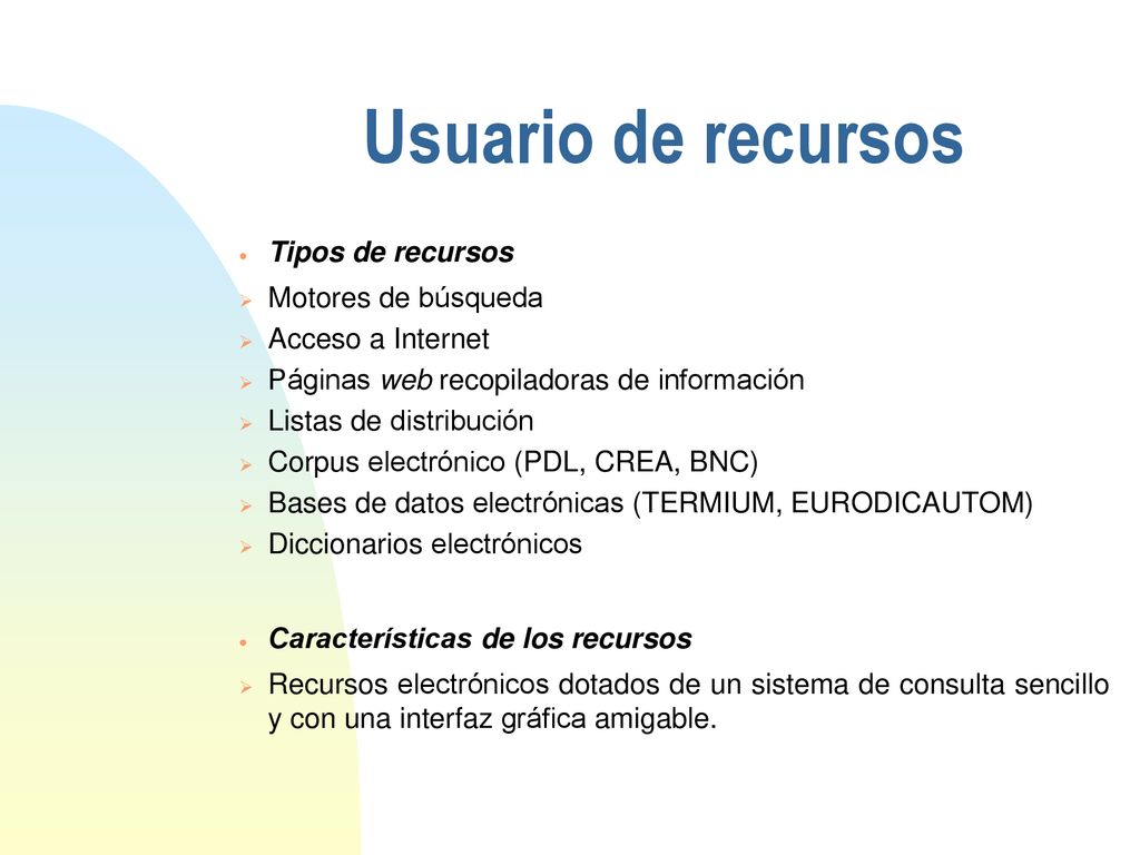 Usuario de recursos Tipos de recursos Motores de búsqueda