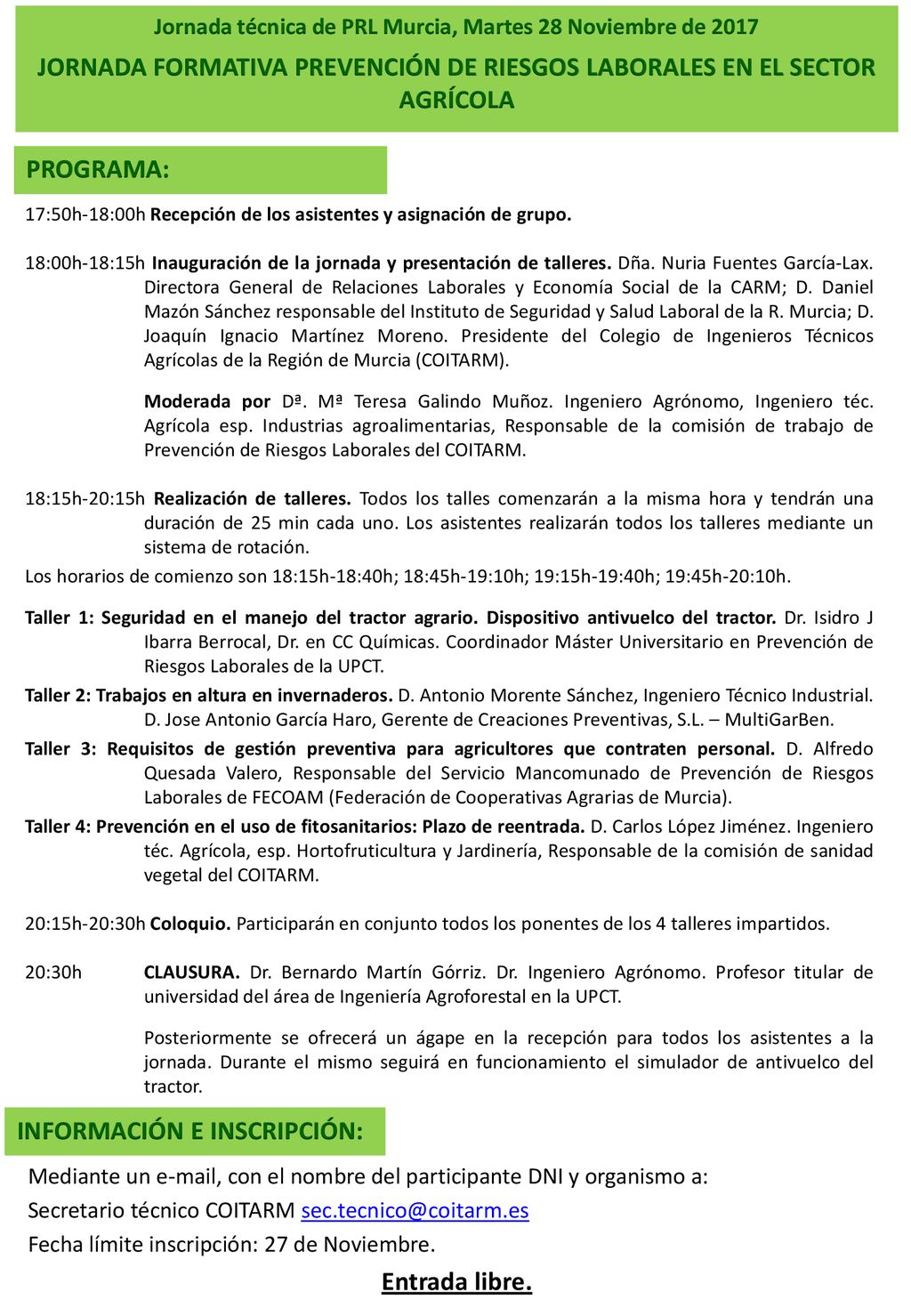 Jornada técnica de PRL Murcia, Martes 28 Noviembre de 2017