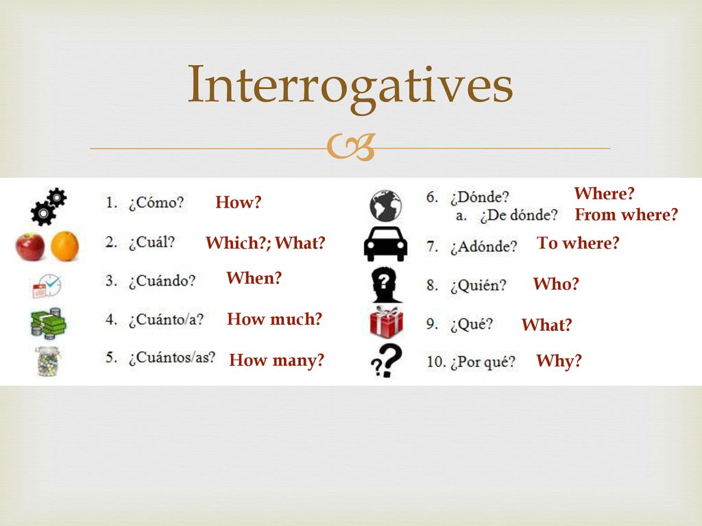 Interrogatives Where From where How Which ; What To where When