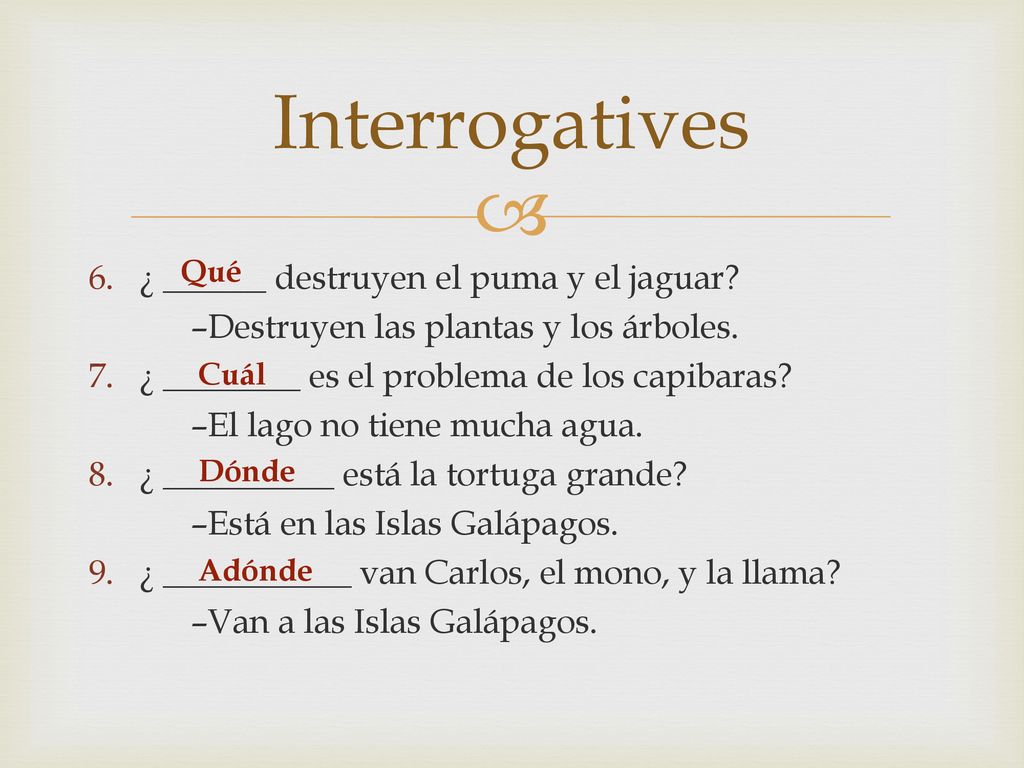 Interrogatives ¿ ______ destruyen el puma y el jaguar