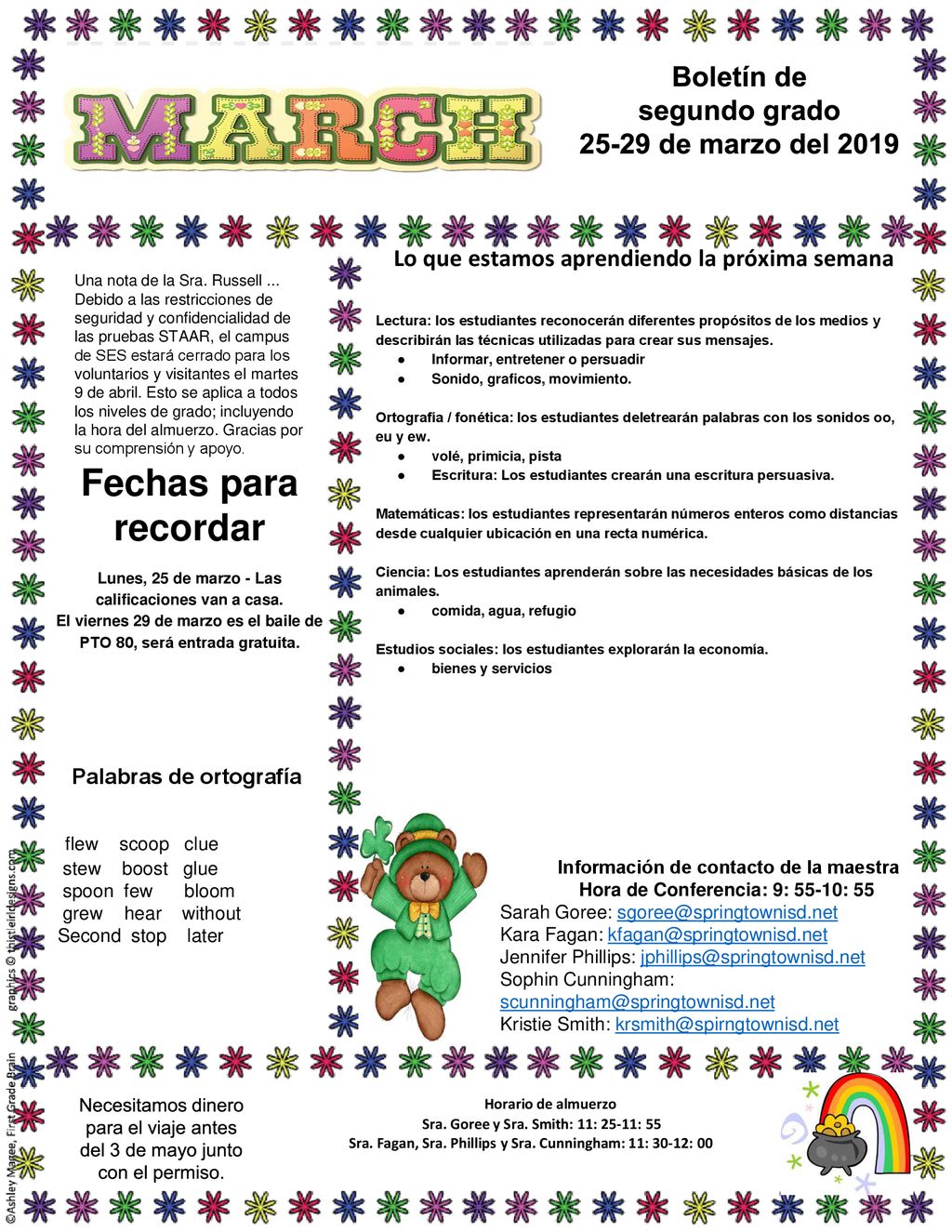 Fechas para recordar Boletín de segundo grado de marzo del 2019
