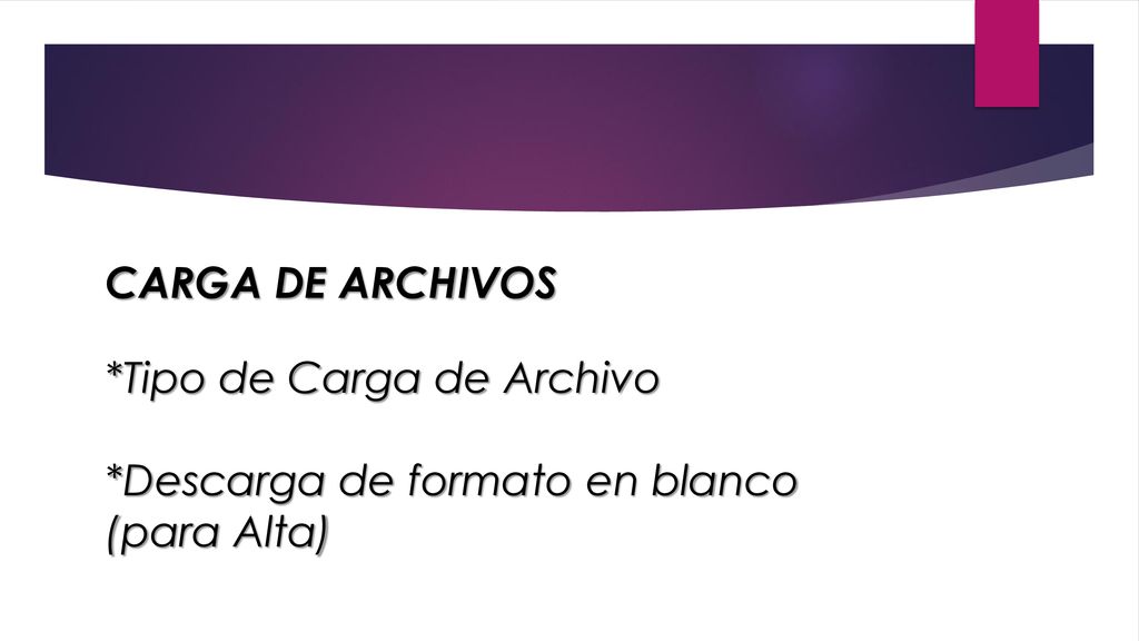 *Tipo de Carga de Archivo *Descarga de formato en blanco (para Alta)