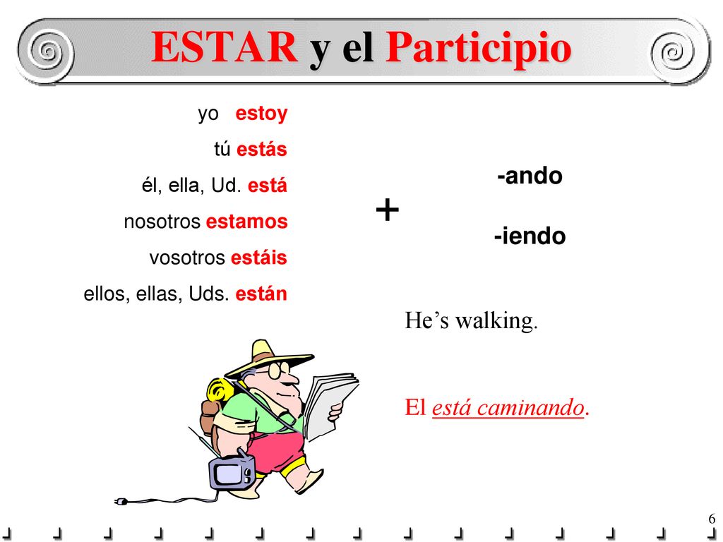 ESTAR y el Participio + -ando -iendo He’s walking. El está caminando.