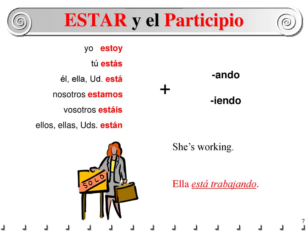 ESTAR y el Participio + -ando -iendo She’s working.