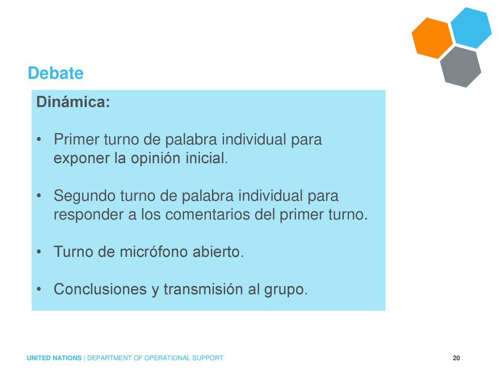 Debate Dinámica: Primer turno de palabra individual para exponer la opinión inicial.