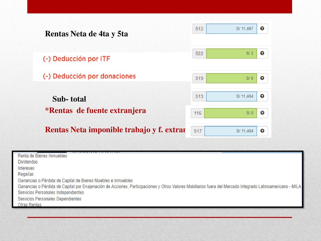 Rentas Neta de 4ta y 5ta Sub- total. *Rentas de fuente extranjera. Rentas Neta imponible trabajo y f. extranj.