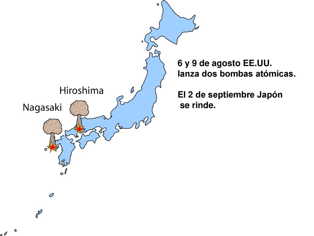 6 y 9 de agosto EE.UU. lanza dos bombas atómicas. El 2 de septiembre Japón se rinde.
